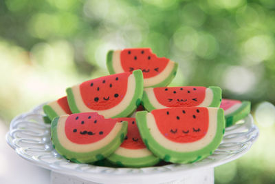 Close-up of fruits in plate on table