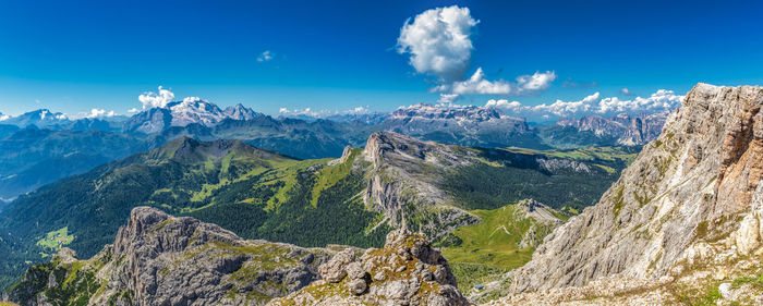 Panoramic view of mountains against blue sky