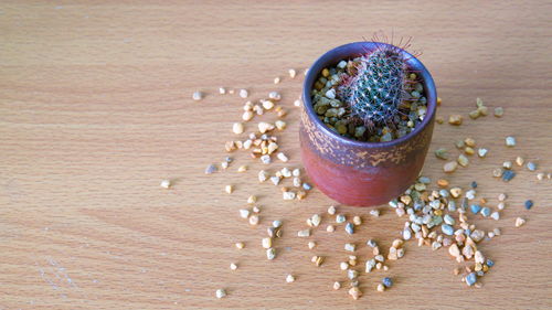 High angle view of ice cream in bowl on table