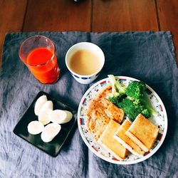 High angle view of breakfast served on table