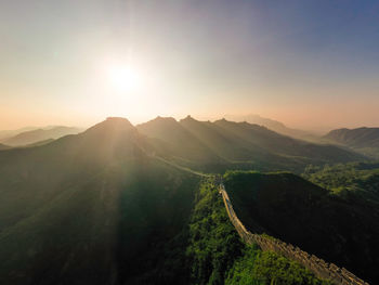 View of the great wall and the mountains under a clear sky