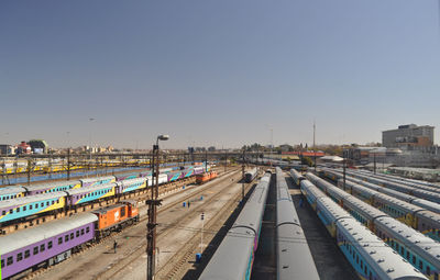 Johannesburg train switch yard, trains and rails from a high angle view with clear sky