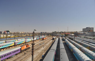 High angle view of train against clear sky