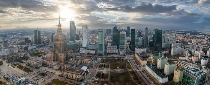 Aerial view of palace of culture and science and downtown business skyscrapers in warsaw