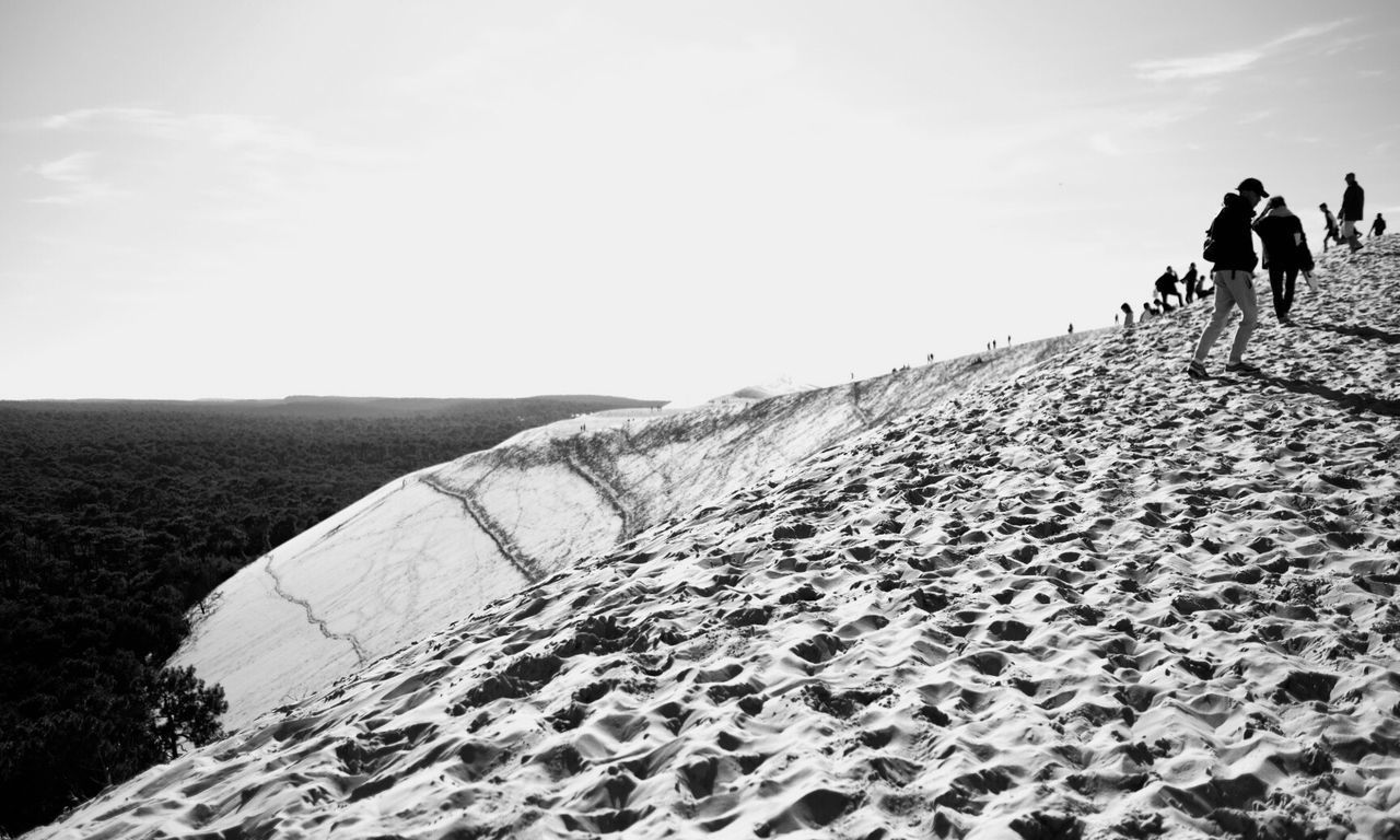 PEOPLE WALKING ON BEACH AGAINST SKY