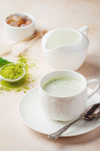 High angle view of tea cup on table