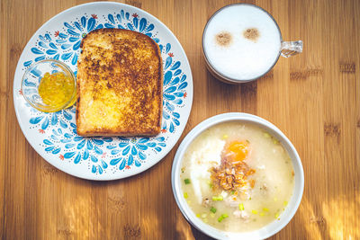 High angle view of breakfast served on table