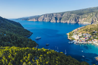 Scenic view of bay against clear sky