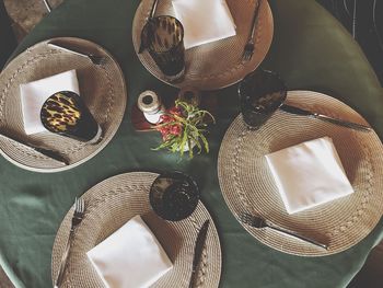 High angle view of wicker basket on table