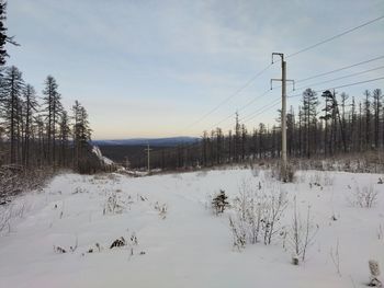Scenic view of snow covered field against sky