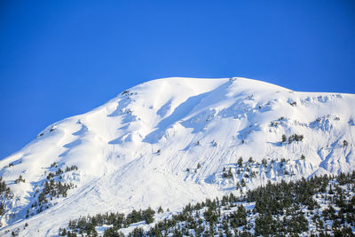 Scenic view of snowcapped mountains against clear blue sky