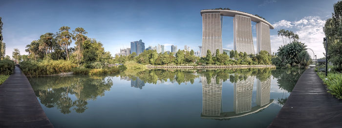 Marina bay sands reflecting in pond