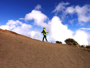 Rear view of man standing on land against sky