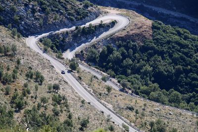 High angle view of road amidst trees