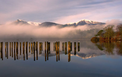 Scenic view of lake against cloudy sky