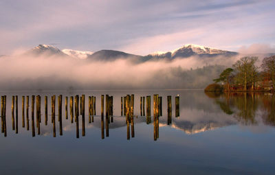 Wooden posts in lake against mountains 
