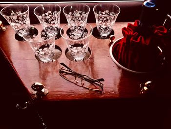 High angle view of wine glass on table