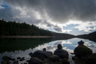 Scenic view of lake against cloudy sky