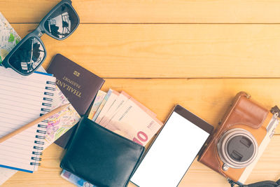 High angle view of books on table