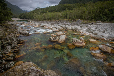 Scenic view of river flowing through rocks