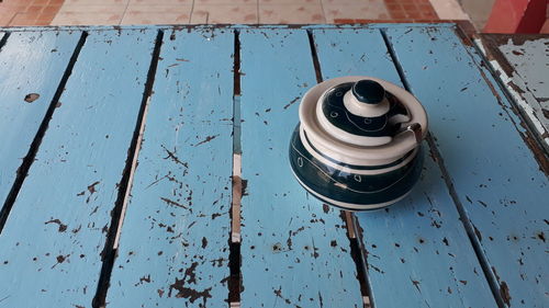 High angle view of old metal on table