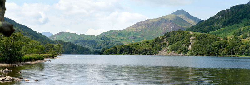 Scenic view of lake and mountains against sky