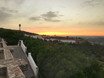 High angle view of landscape against sky during sunset