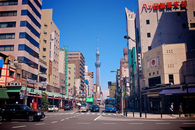 City street and buildings against sky
