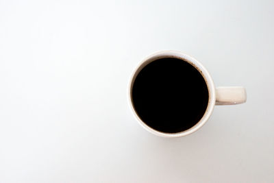 Directly above shot of coffee cup over white background