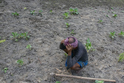 High angle view of woman on field