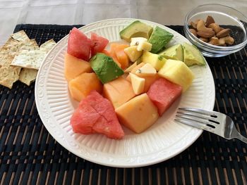 High angle view of fresh snacks served on table