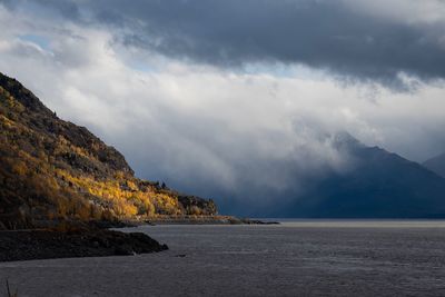 Scenic view of sea and mountains against sky