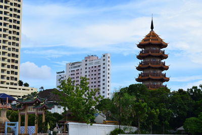 Low angle view of temple in city against sky