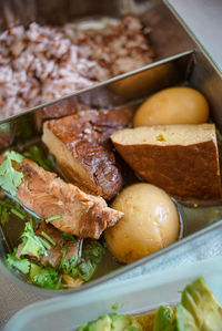 High angle view of food in tray