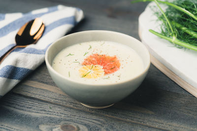High angle view of soup in bowl on table