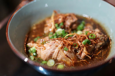 High angle view of soup in bowl on table