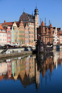 Sailboats moored in river by buildings against sky