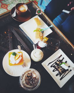 High angle view of breakfast on table