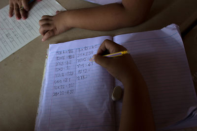 Cropped hands writing in paper at home