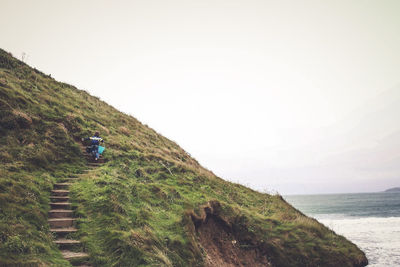 Rear view of man looking at sea against sky