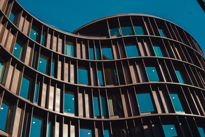 Low angle view of modern building against clear blue sky