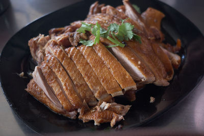 High angle view of food in plate on table