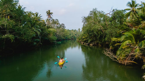 High angle view of man swimming in lake