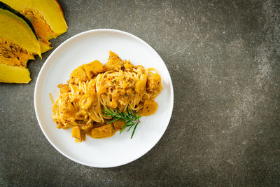 High angle view of food in plate on table