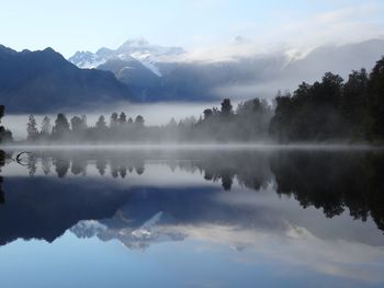 Scenic view of lake and mountains against sky