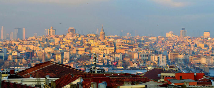 High angle view of buildings in city against sky