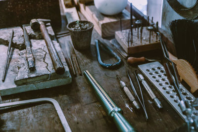 High angle view of people on table
