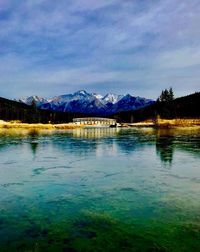 Scenic view of lake against sky during winter