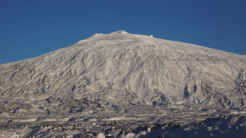 Scenic view of snowcapped mountains against clear blue sky