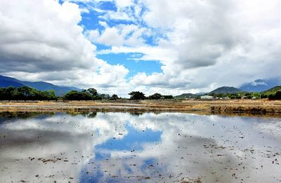Scenic view of lake against cloudy sky